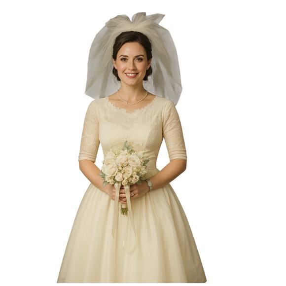 Vintage Cream Fit & Flare Wedding Dress & Short Veil circa 1964, Size 6 - Picture 1 of 11